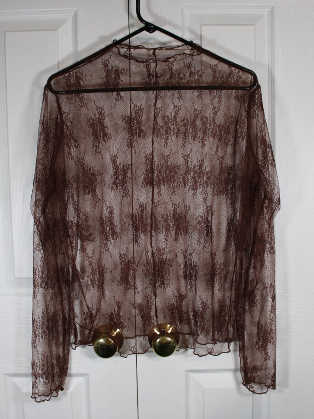 Women's Sheer Brown Floral Lace Long Sleeve Layering Top